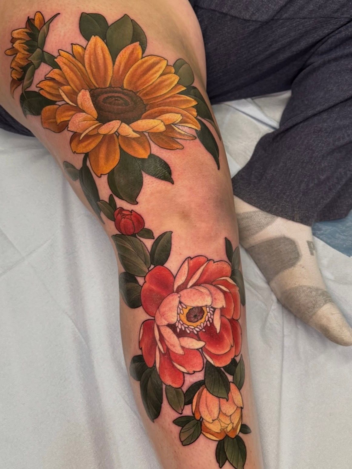 Peony and Sunflower Tattoo by Sasha Day at Crimson Empire Tattoo in Edmonton Alberta Canada