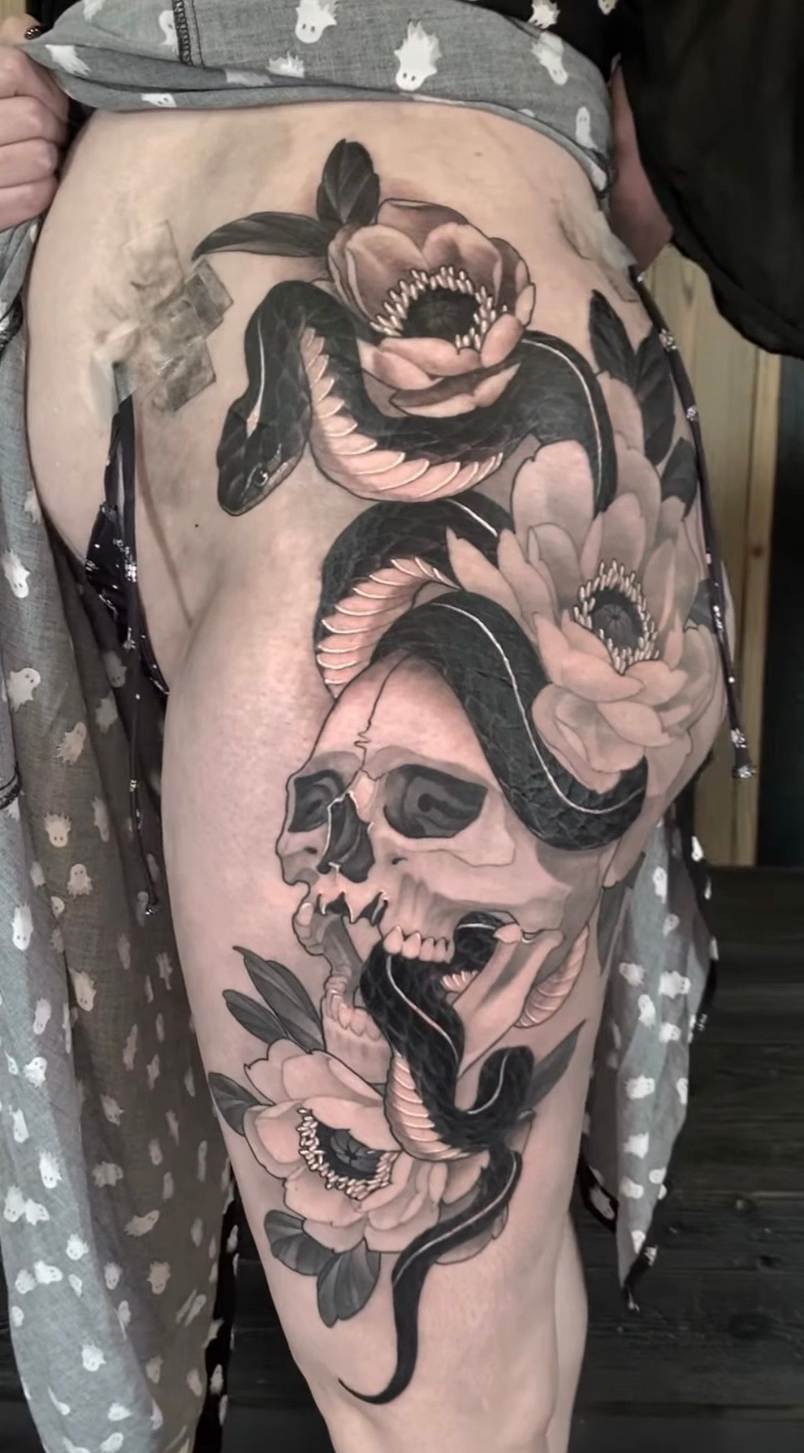 Skull, Snake and Peonies Tattoo by Sasha Day at Crimson Empire Tattoo in Edmonton Alberta Canada