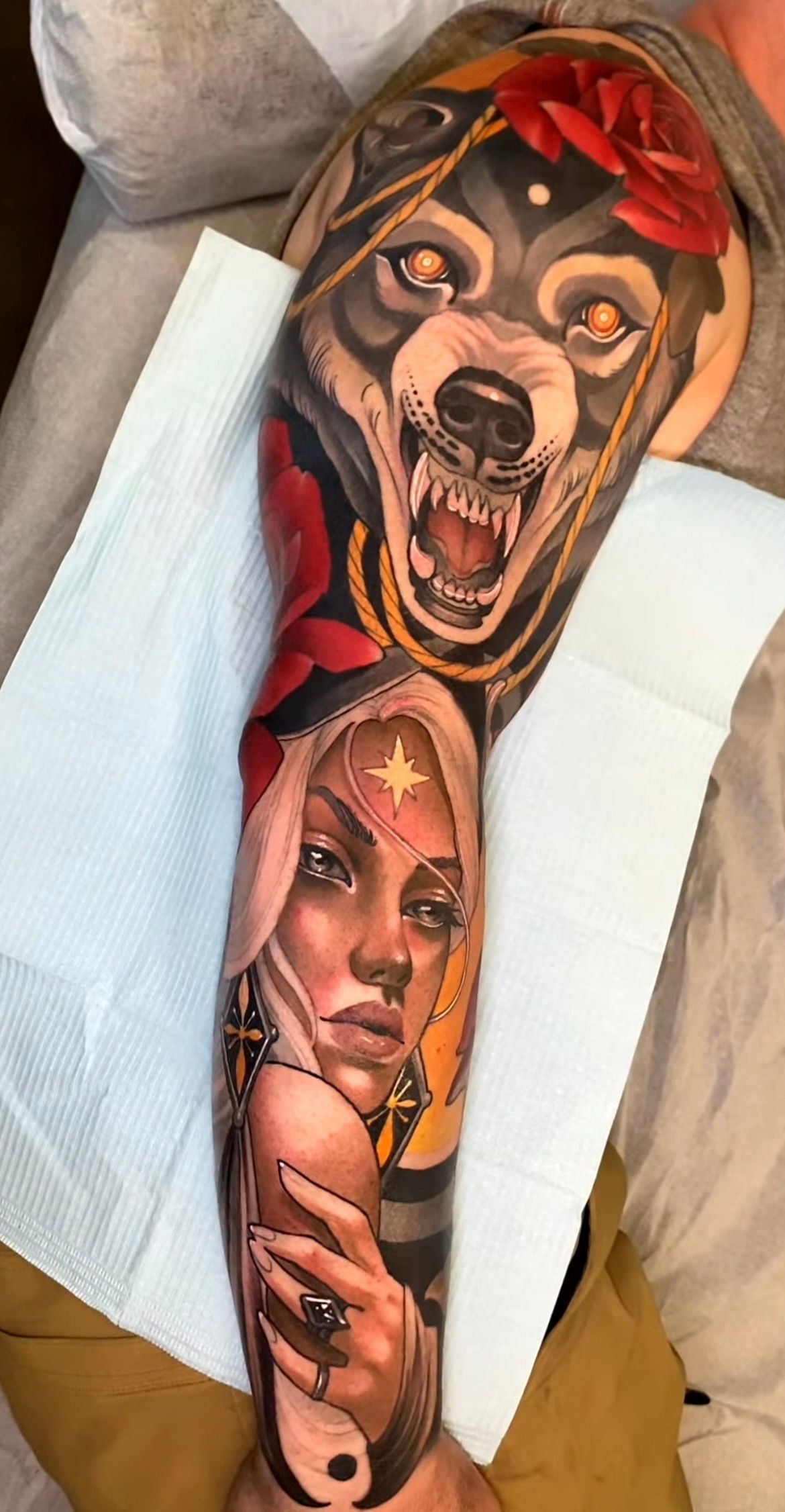 Wolf and Woman Portrait Tattoo by Sasha Day at Crimson Empire Tattoo in Edmonton Alberta Canada