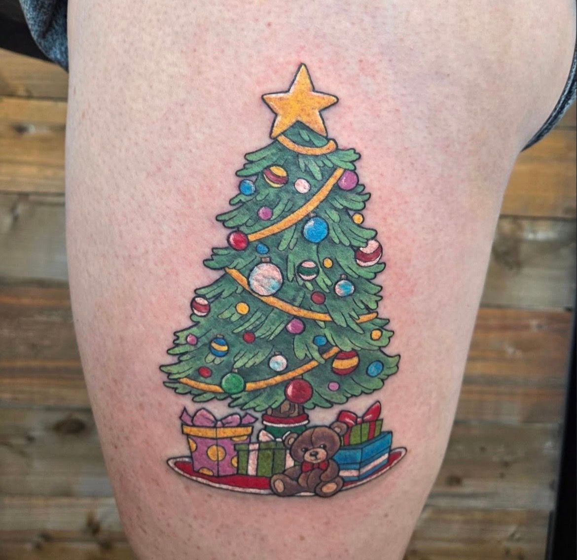 Christmas Tree Tattoo by Sheila Anderson at Crimson Empire Tattoo in Edmonton Alberta Canada