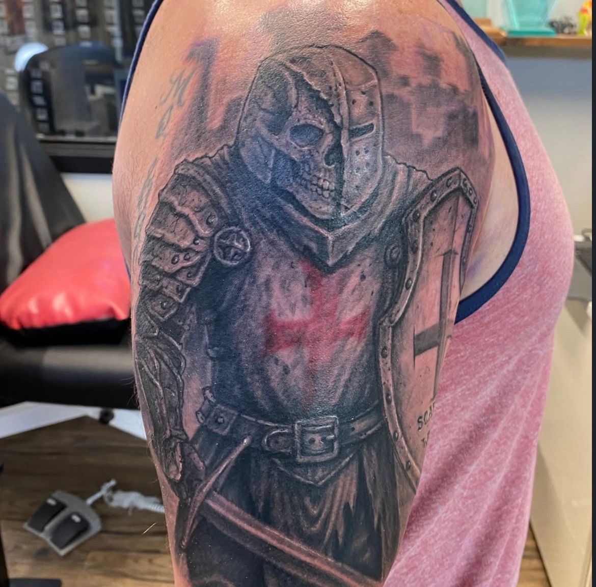 Skeletal Knight Tattoo by Steve Hayes at Black Gold Tattoo Co in Edmonton Alberta Canada