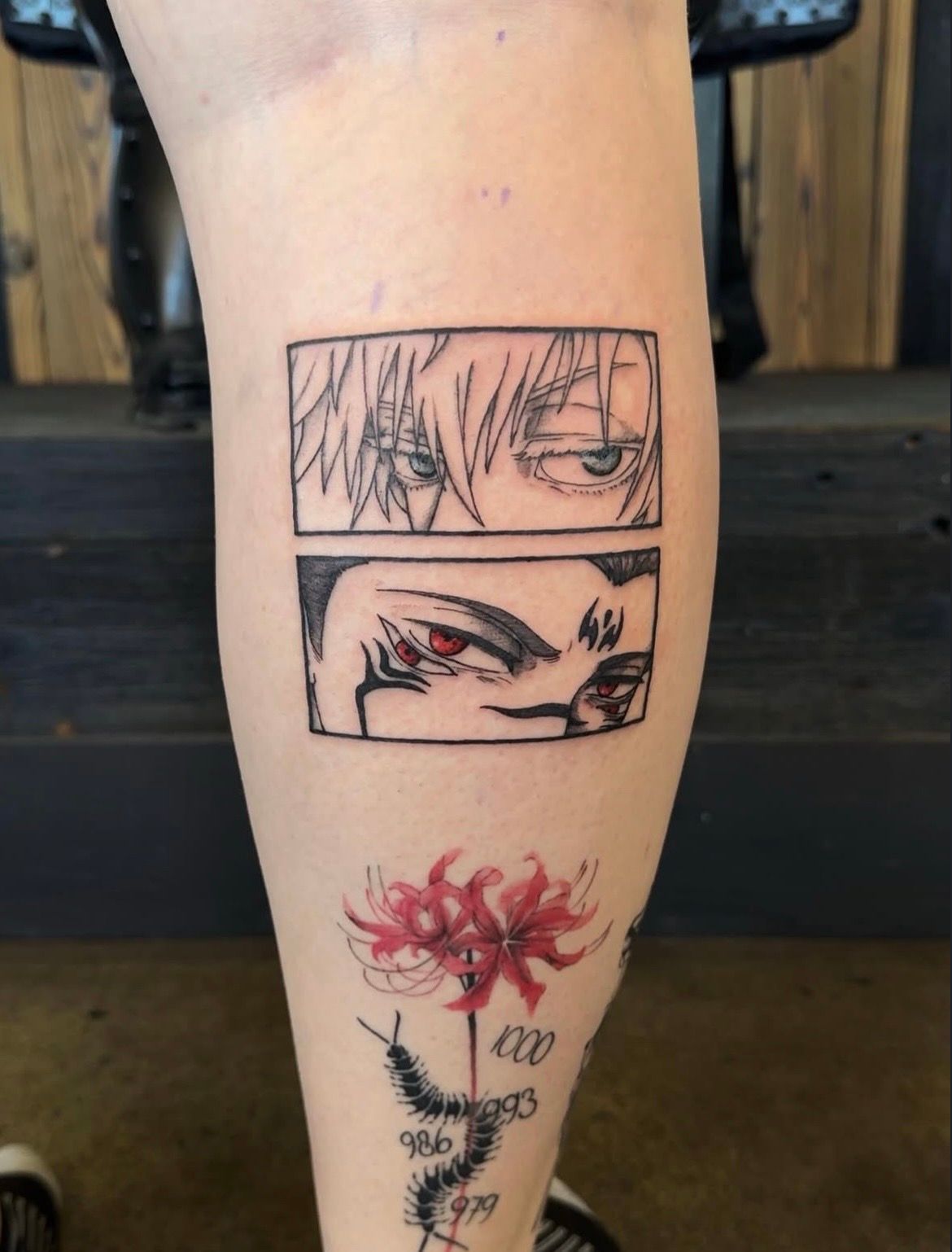 Gojo and Sukana Manga Panels Tattoo by Vinny Nguyen at Crimson Empire Tattoo in Edmonton Alberta Canada