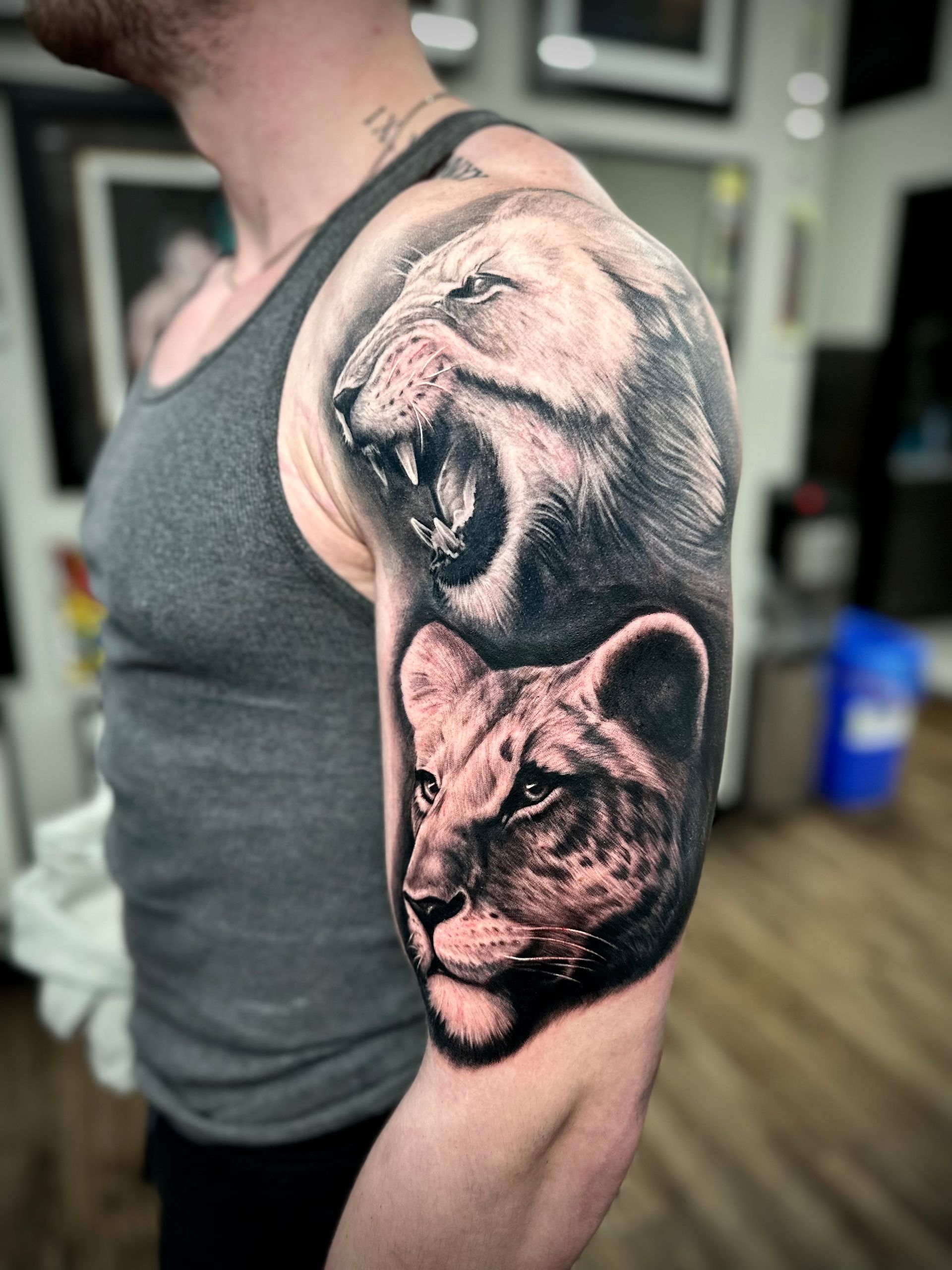 Lion and Lioness Tattoo by Jackson Sukhov at Black Gold Tattoo Co in Edmonton Alberta Canada