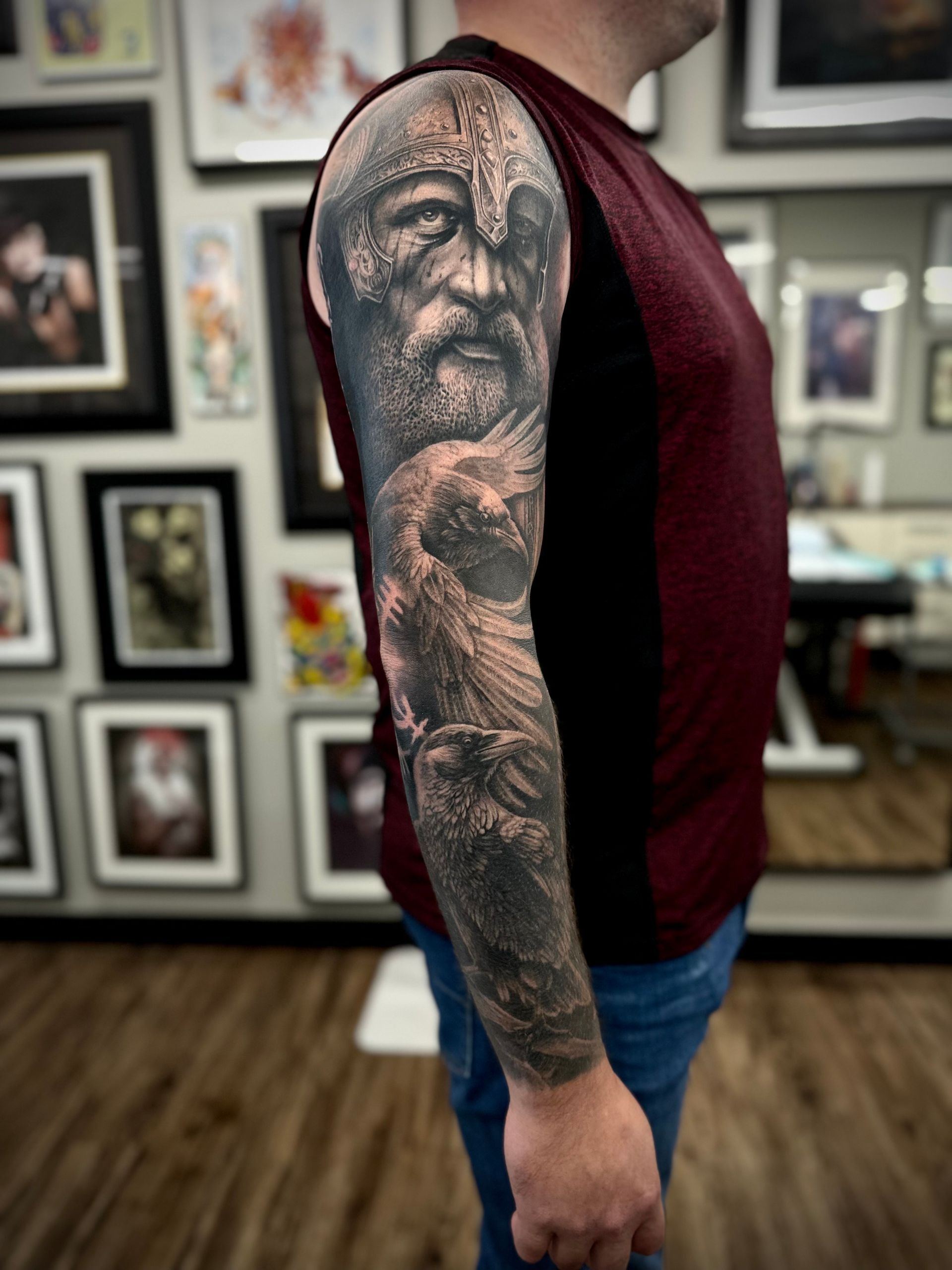 Viking and Ravens Sleeve by Jackson Sukhov at Black Gold Tattoo Co in Edmonton Alberta Canada