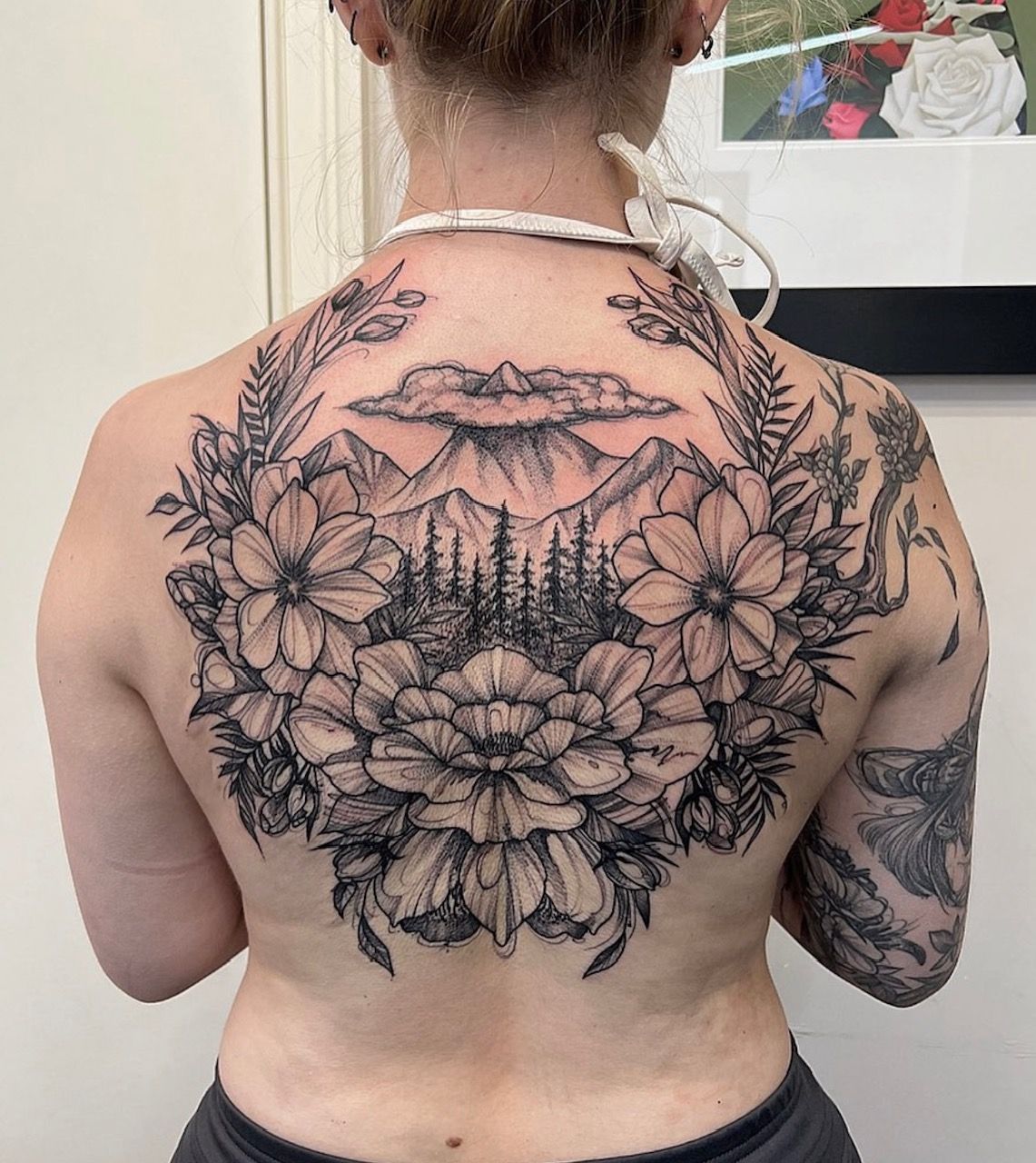 Mountains and Floral Backpiece by Adrienne Alexander at Silver Ghost Tattoo in Edmonton Alberta Canada