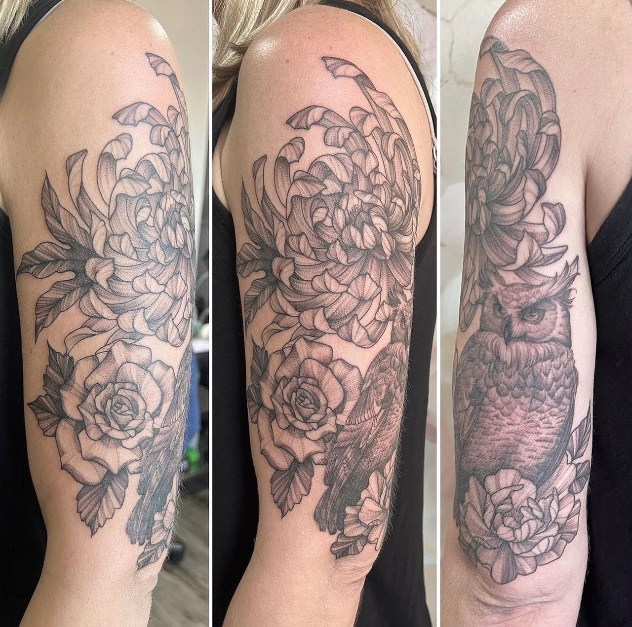 Floral and Owl Tattoo by Adrienne Alexander at Silver Ghost Tattoo in Edmonton Alberta Canada