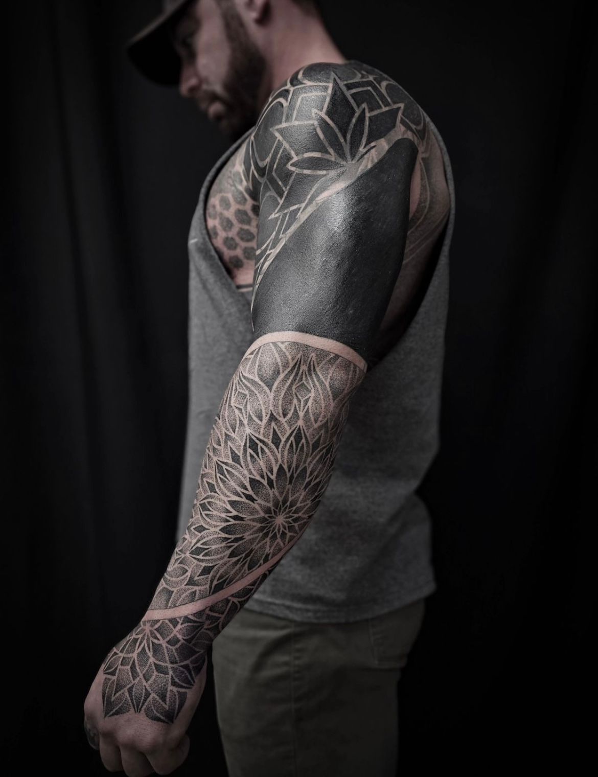 Dotwork and Blackwork Mandala Sleeve by Alex Arnautov at Black Gold Tattoo Co in Edmonton Alberta Canada