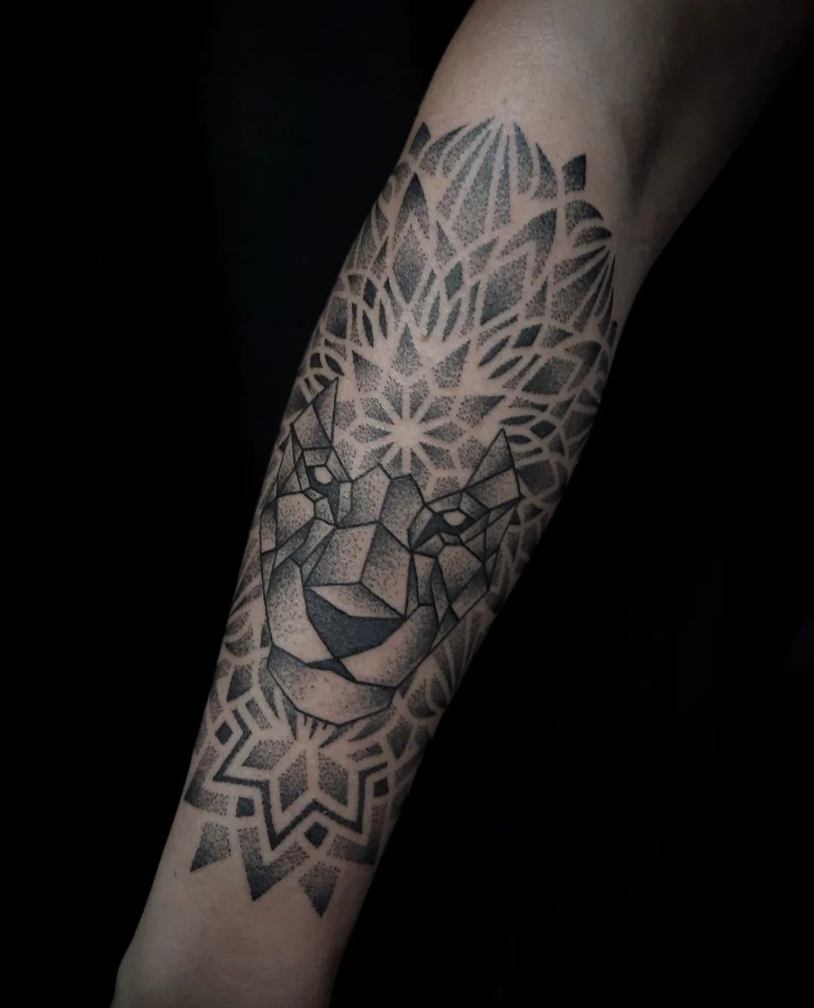 Dotwork and Geometric Lion Tattoo by Alex Arnautov at Black Gold Tattoo Co in Edmonton Alberta Canada