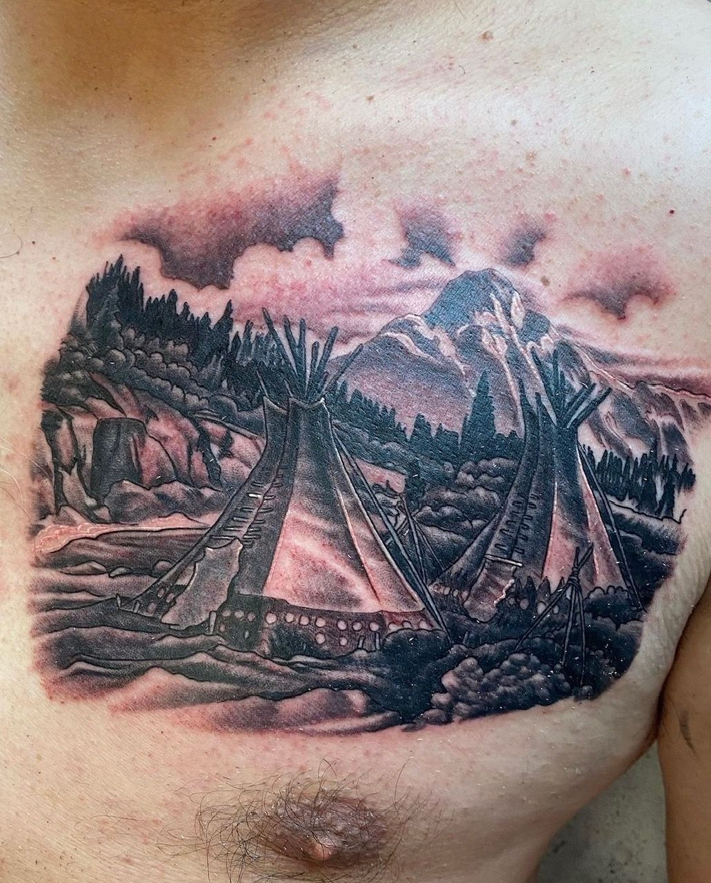 Tipi's and Mountains Tattoo by Dale Moostoos at Crimson Empire Tattoo in Edmonton Alberta Canada
