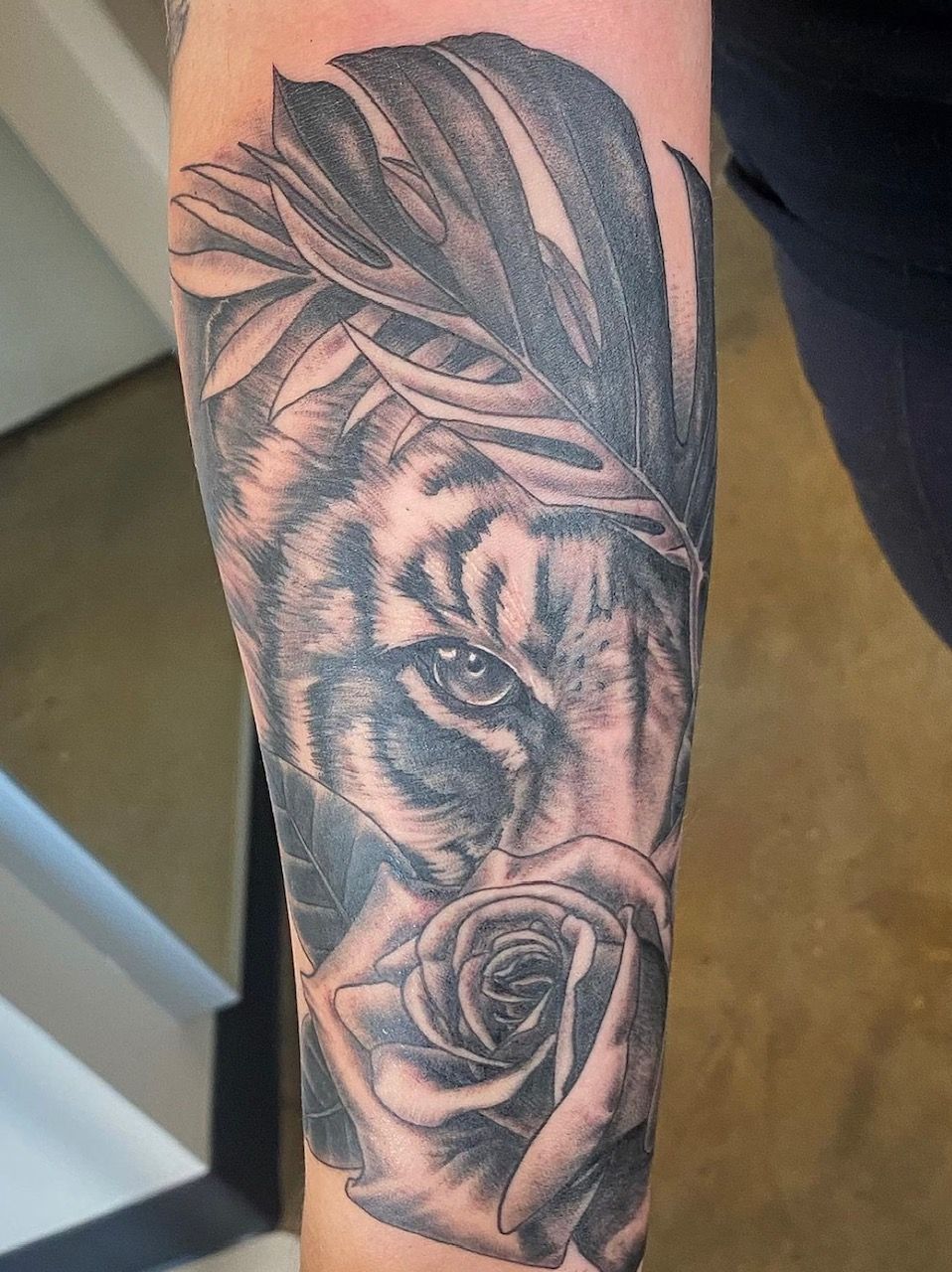 Tiger and Rose Tattoo by Dale Moostoos at Crimson Empire Tattoo in Edmonton Alberta Canada