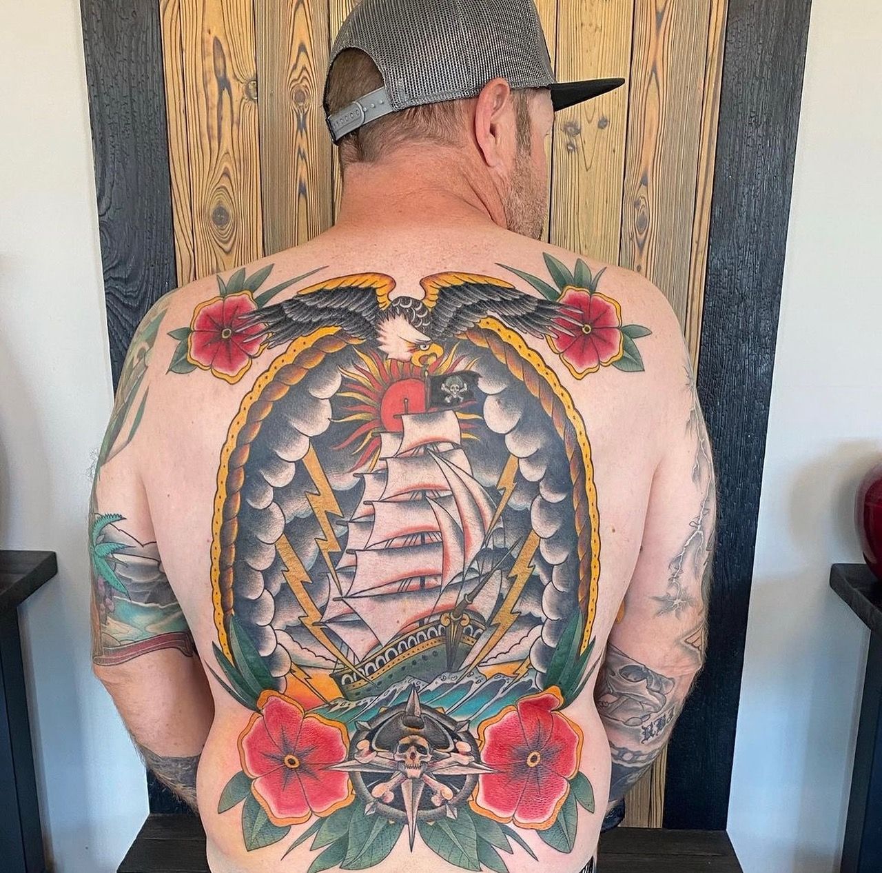 Traditional Style Ship Backpiece by Dale Moostoos at Crimson Empire Tattoo in Edmonton Alberta Canada