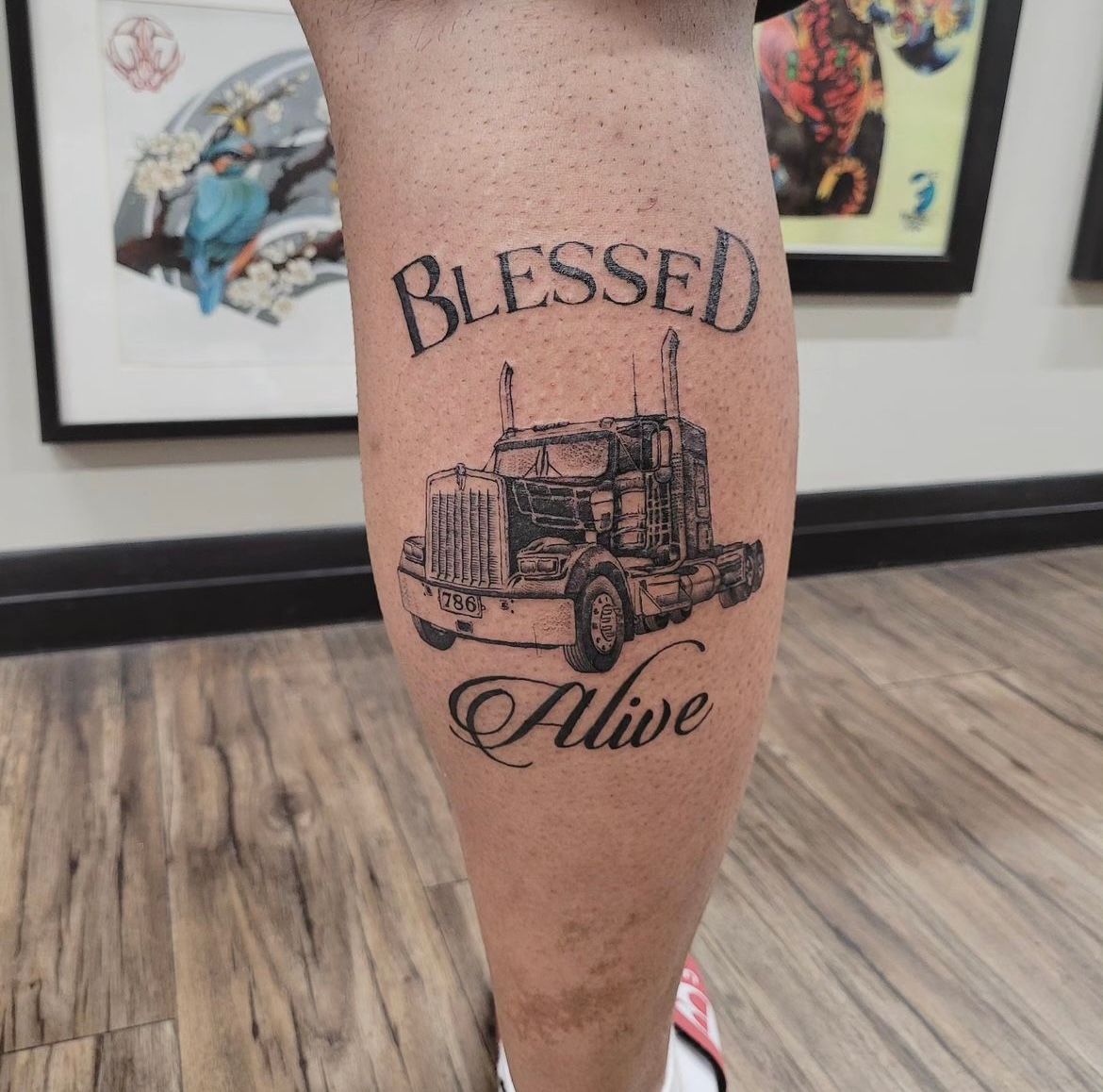 Semi Truck Tattoo by Ian Wang at Black Gold Tattoo Co in Edmonton Alberta Canada