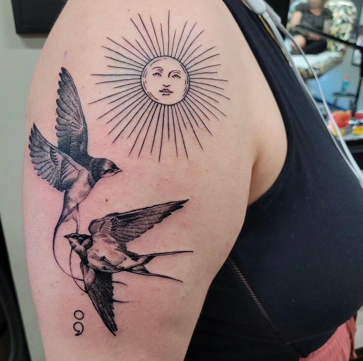 Birds and Sun Tattoo by Ian Wang at Black Gold Tattoo Co in Edmonton Alberta Canada