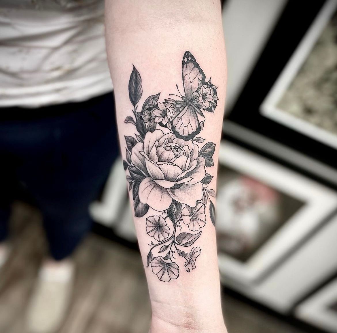 Butterfly and Floral Tattoo by Jess Alther at Black Gold Tattoo Co in Edmonton Alberta Canada