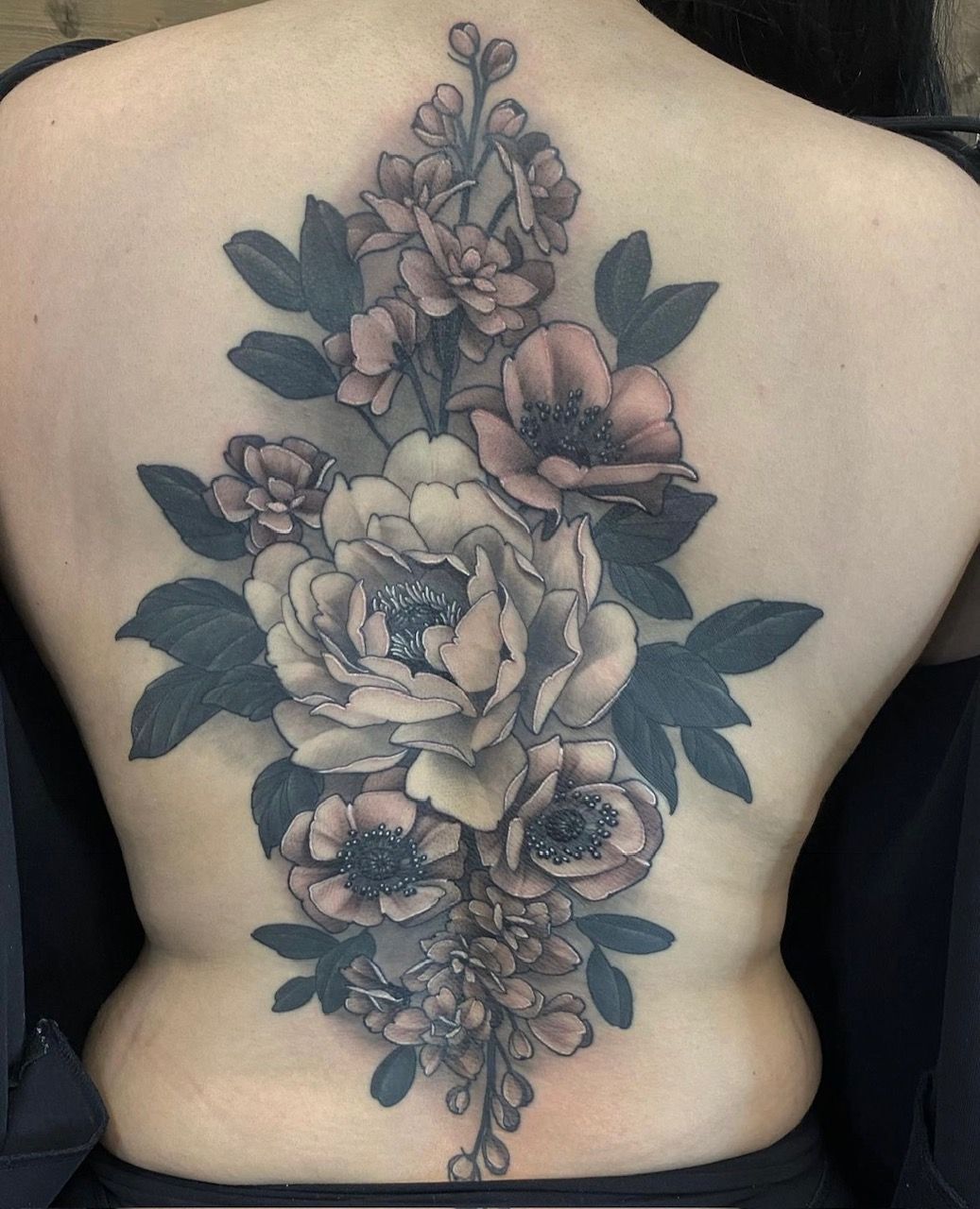 Floral Backpiece by Sasha Day at Crimson Empire Tattoo in Edmonton Alberta Canada
