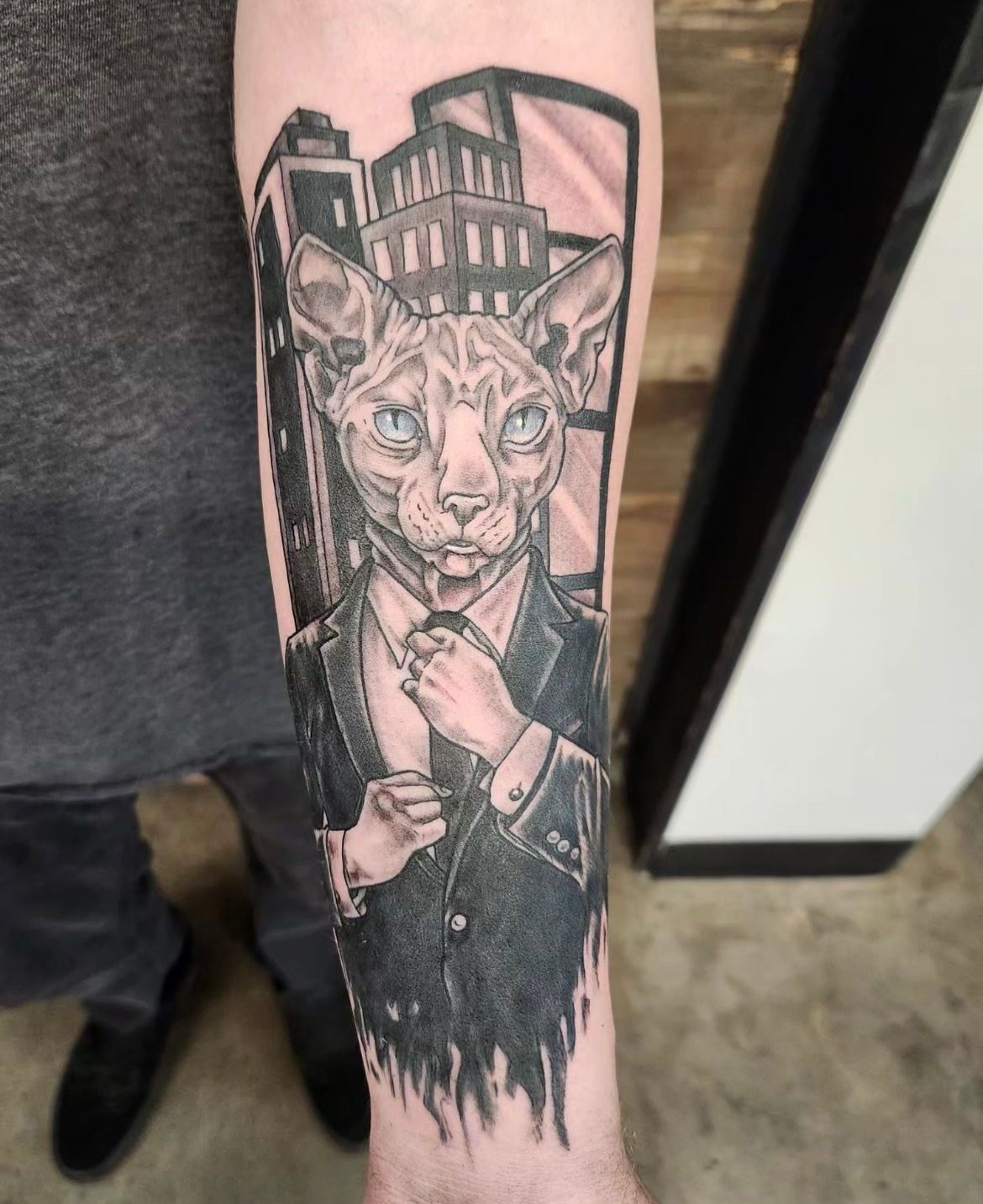 Business Cat Tattoo by Sheila Anderson at Crimson Empire Tattoo in Edmonton Alberta Canada