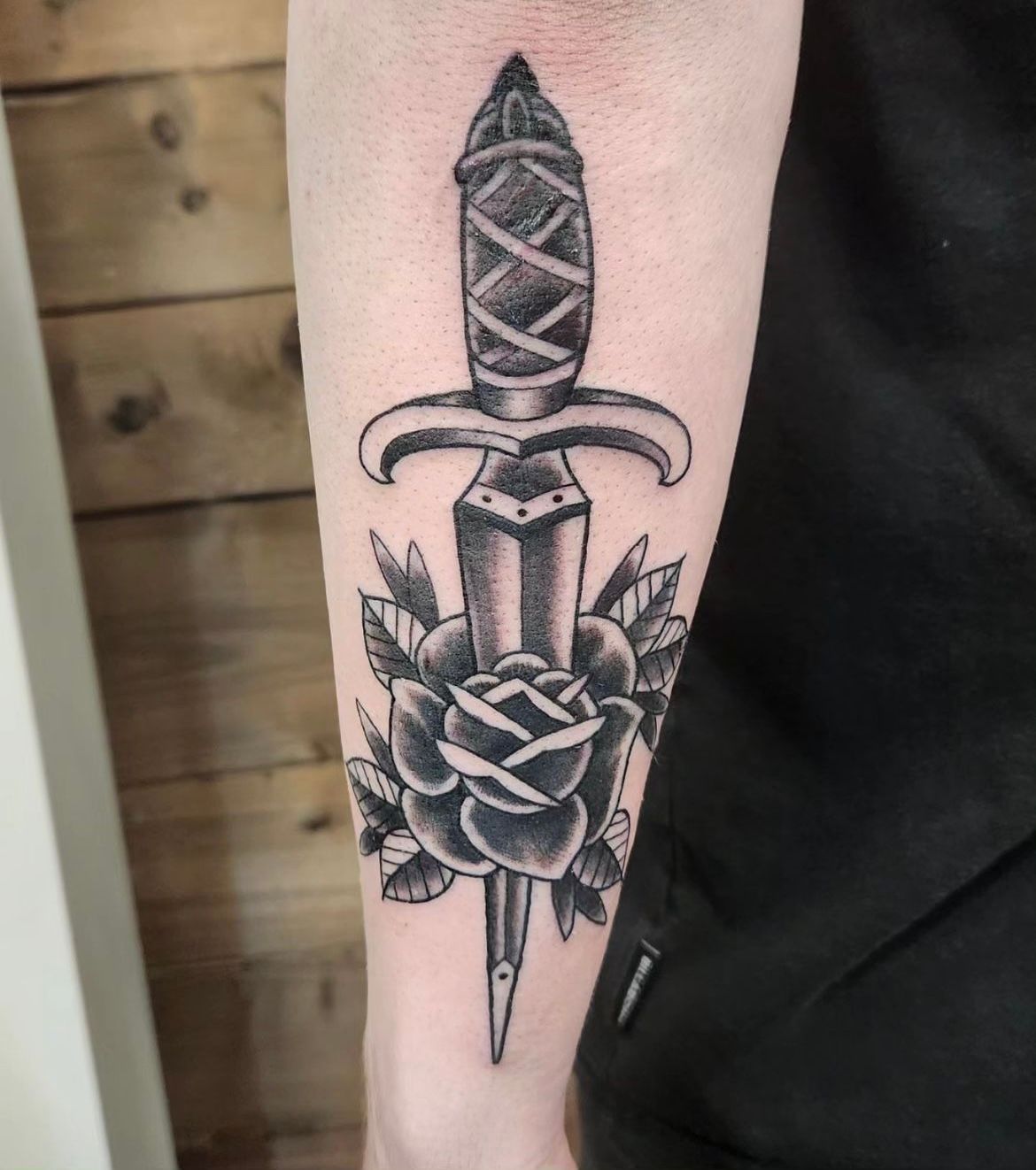 Dagger and Rose Tattoo by Sheila Anderson at Crimson Empire Tattoo in Edmonton Alberta Canada