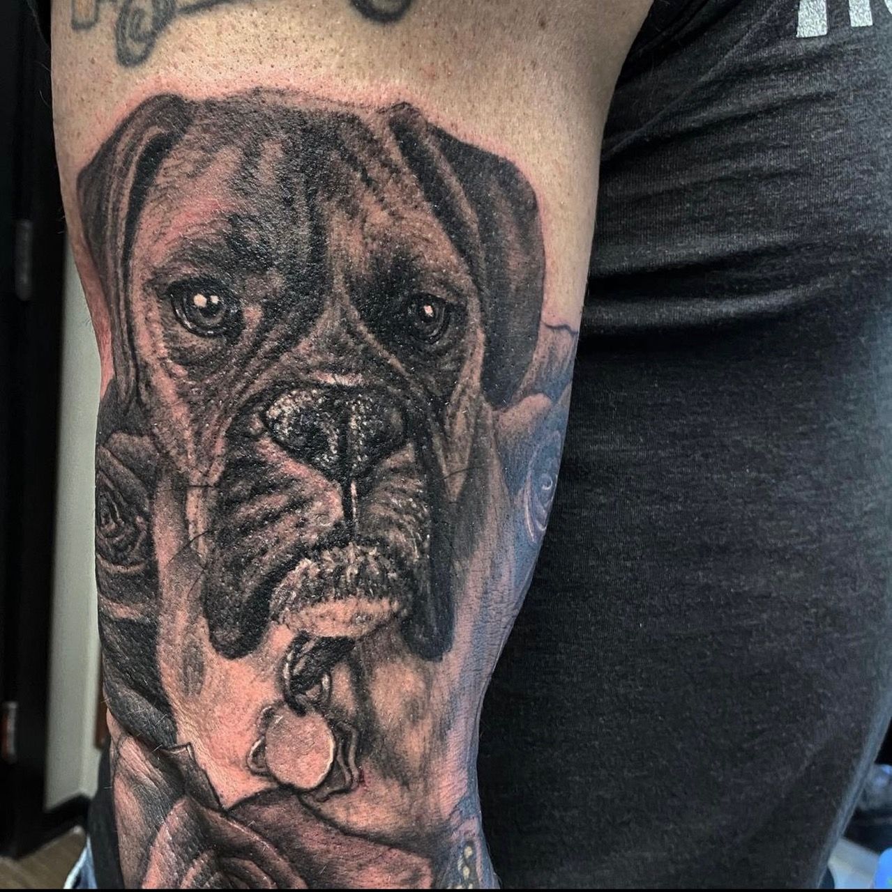 Dog Portrait Tattoo by Steve Hayes at Black Gold Tattoo Co in Edmonton Alberta Canada