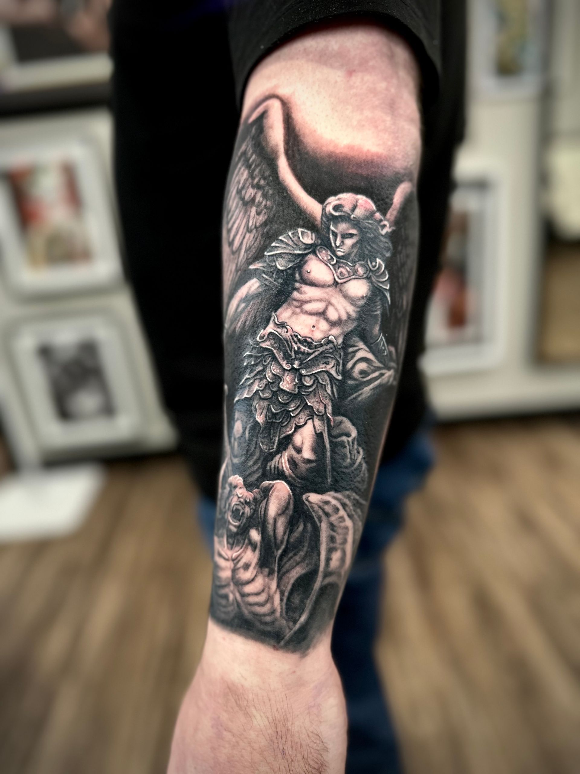 St Michael Tattoo by Jackson Sukhov at Black Gold Tattoo Co in Edmonton Alberta Canada