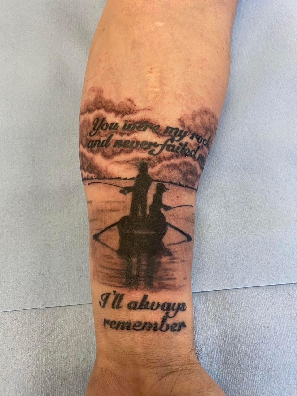 Fishing Memorial Tattoo by Keon Courtney at Crimson Empire Tattoo in Edmonton Alberta Canada