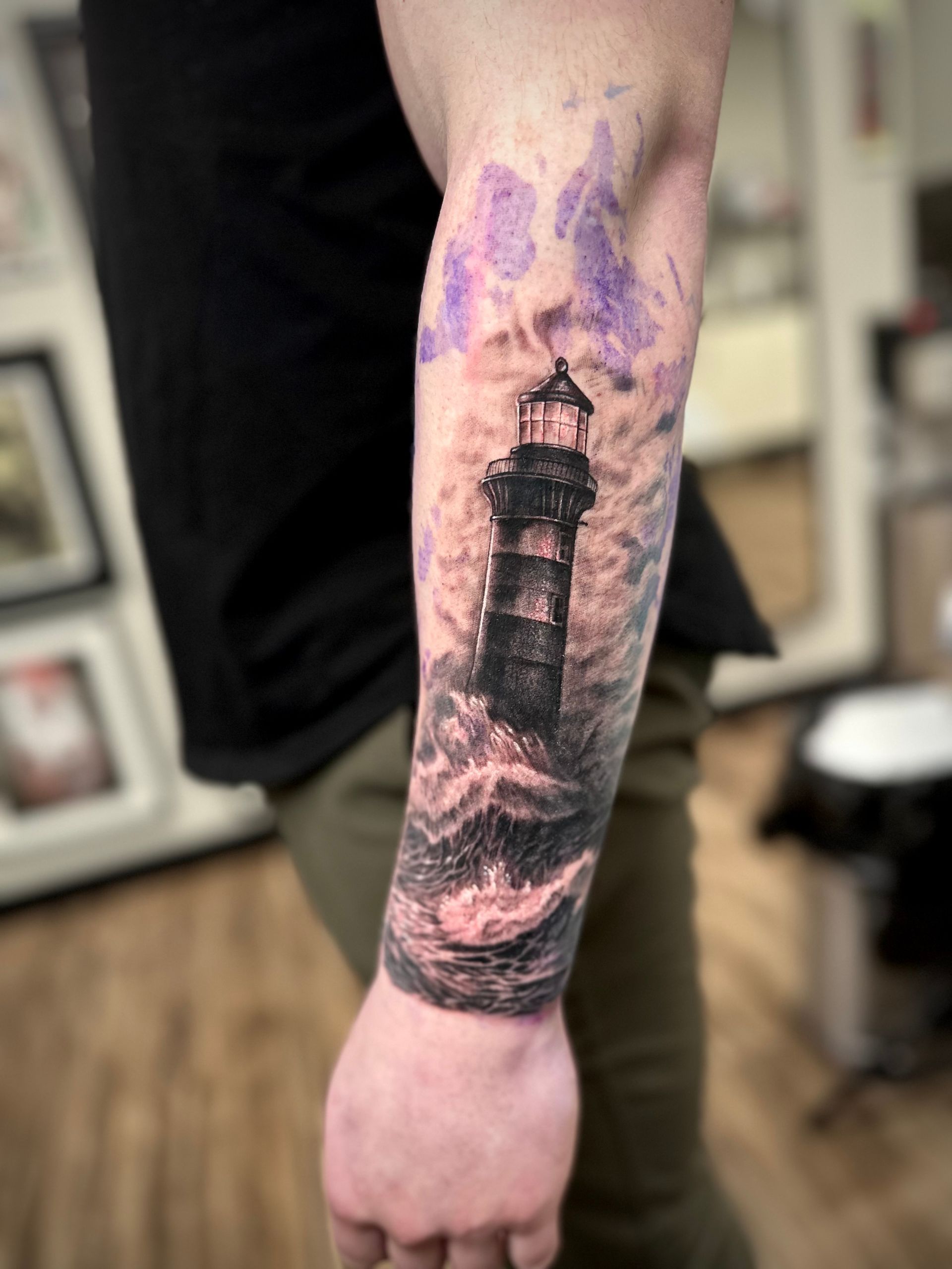 Lighthouse Tattoo by Jackson Sukhov at Black Gold Tattoo Co in Edmonton Alberta Canada