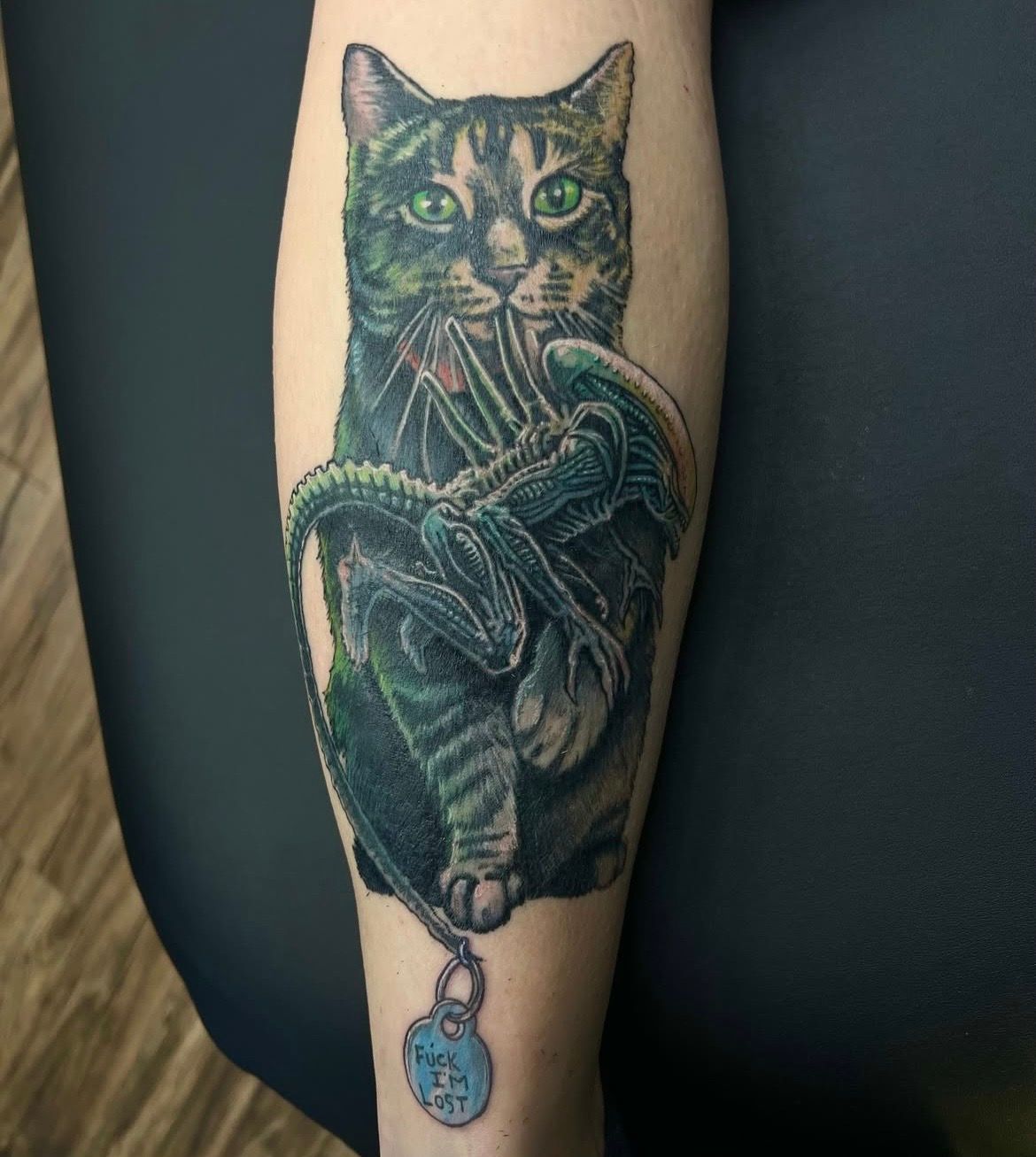 Cat Portrait and Xenomorph Tattoo by Chris Labrenz at Black Gold Tattoo Co in Edmonton Alberta Canada