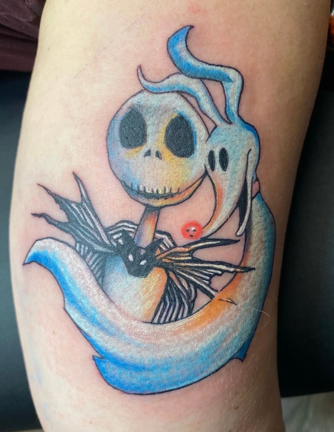 Jack Skellington and Zero Tattoo by Chris Labrenz at Black Gold Tattoo Co in Edmonton Alberta Canada