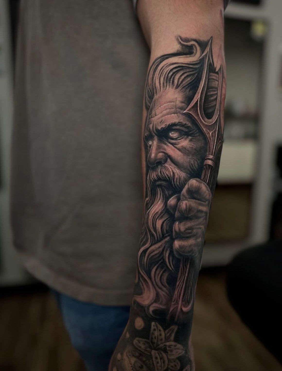 Poseidon Tattoo by Jackson Sukhov at Black Gold Tattoo Co in Edmonton Alberta Canada