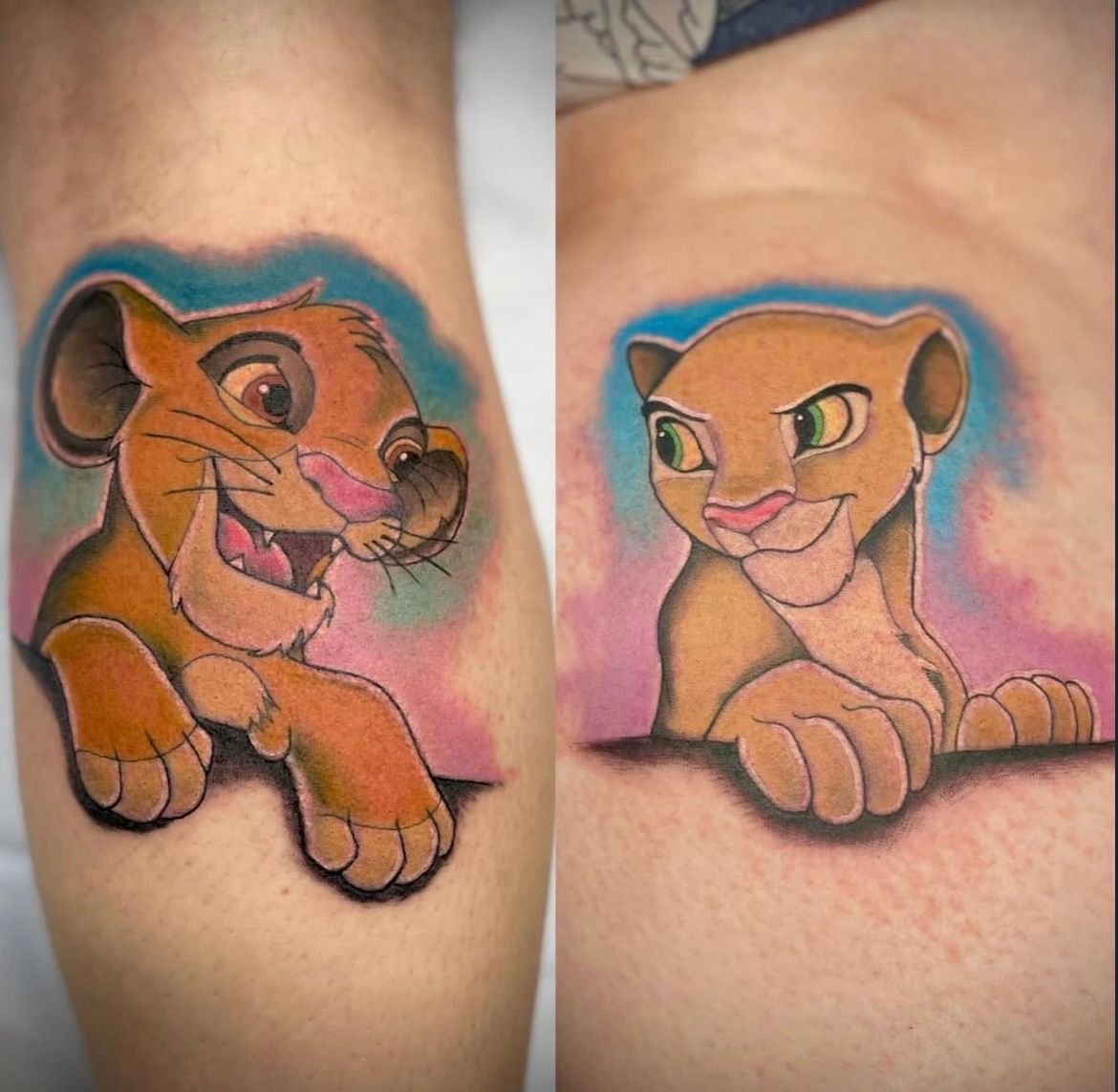 Simba and Nala Tattoos by Jess Alther at Black Gold Tattoo Co in Edmonton Alberta Canada