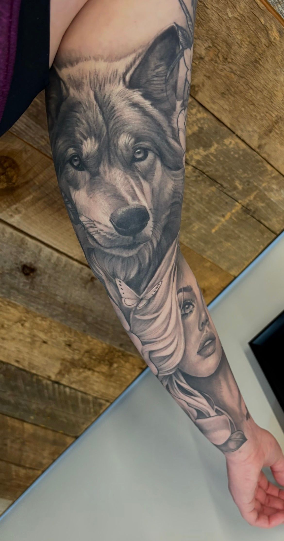 Wolf and Lady Sleeve by Sarah Michelle at Crimson Empire Tattoo in Edmonton Alberta Canada