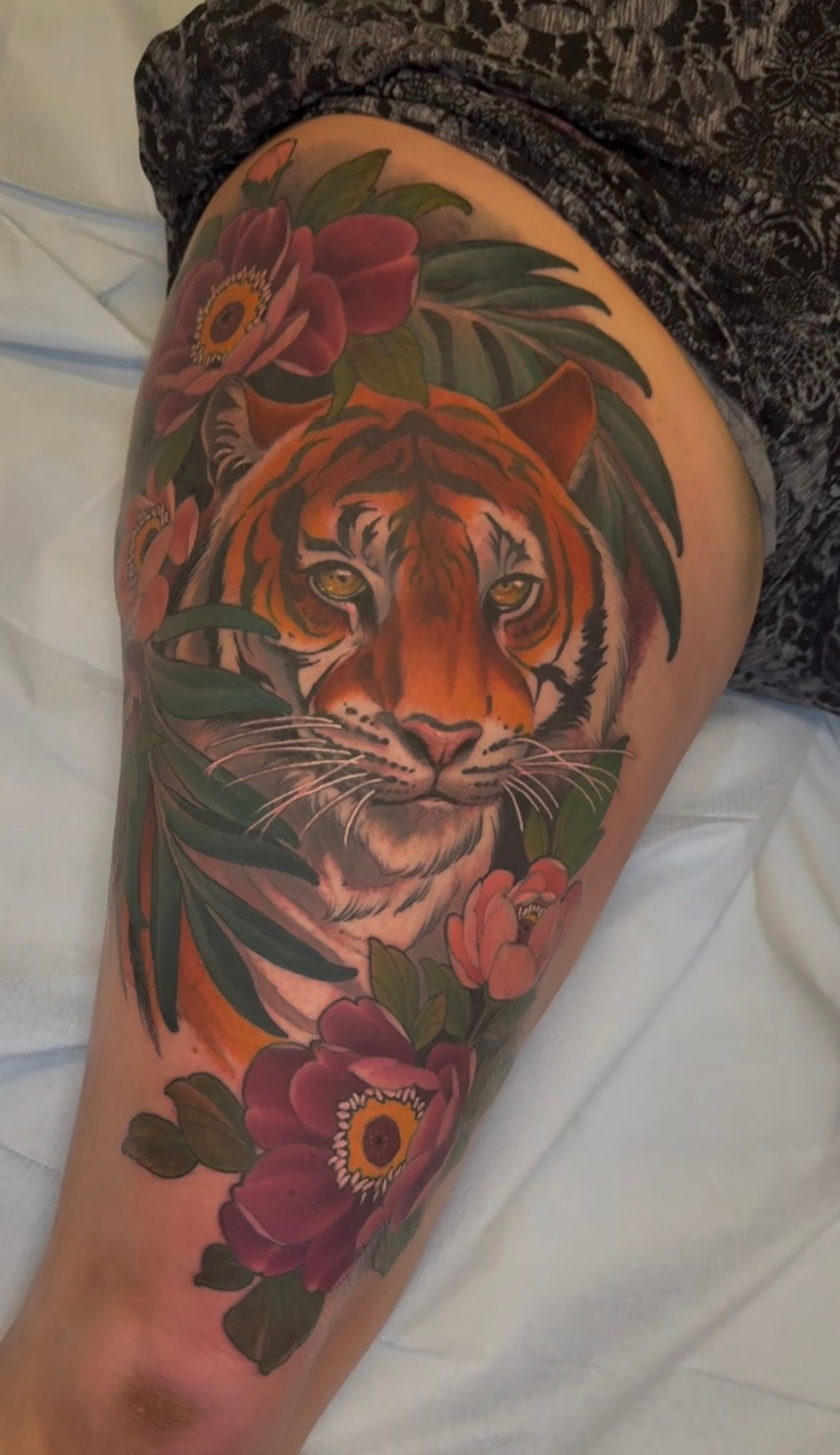 Tiger and Floral Tattoo by Sasha Day at Crimson Empire Tattoo in Edmonton Alberta Canada