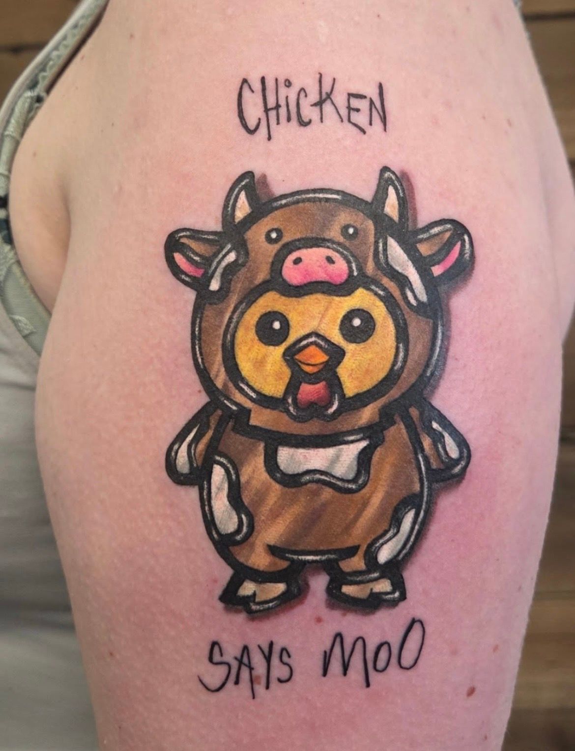 Stained Glass Cow Chicken Tattoo by Sheila Anderson at Crimson Empire Tattoo in Edmonton Alberta Canada