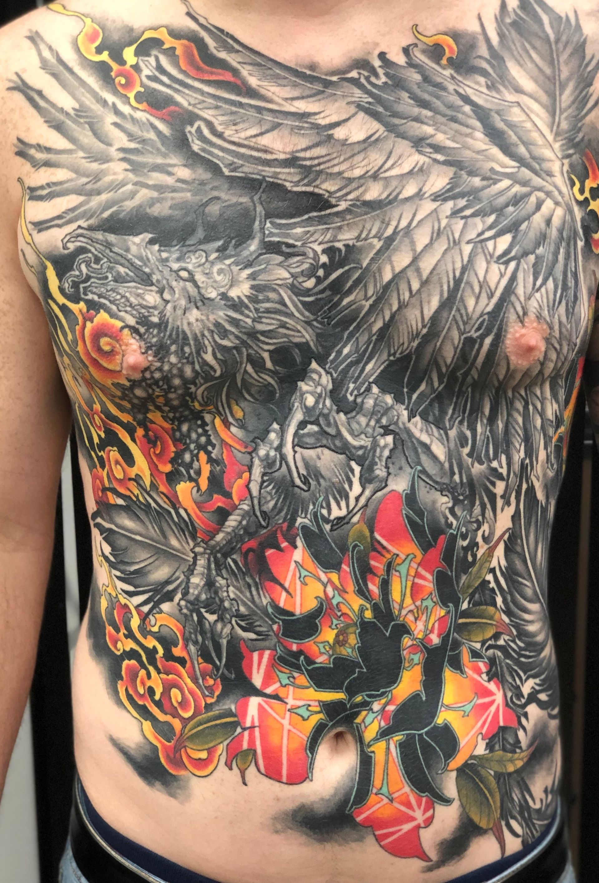 Phoenix Full Torso Tattoo by Brain Dangerfield at Black Gold Tattoo Co in Edmonton Alberta Canada