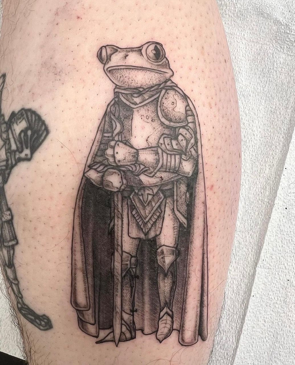 Frog in Knight Armour Tattoo by Adrienne Alexander at Silver Ghost Tattoo in Edmonton Alberta Canada