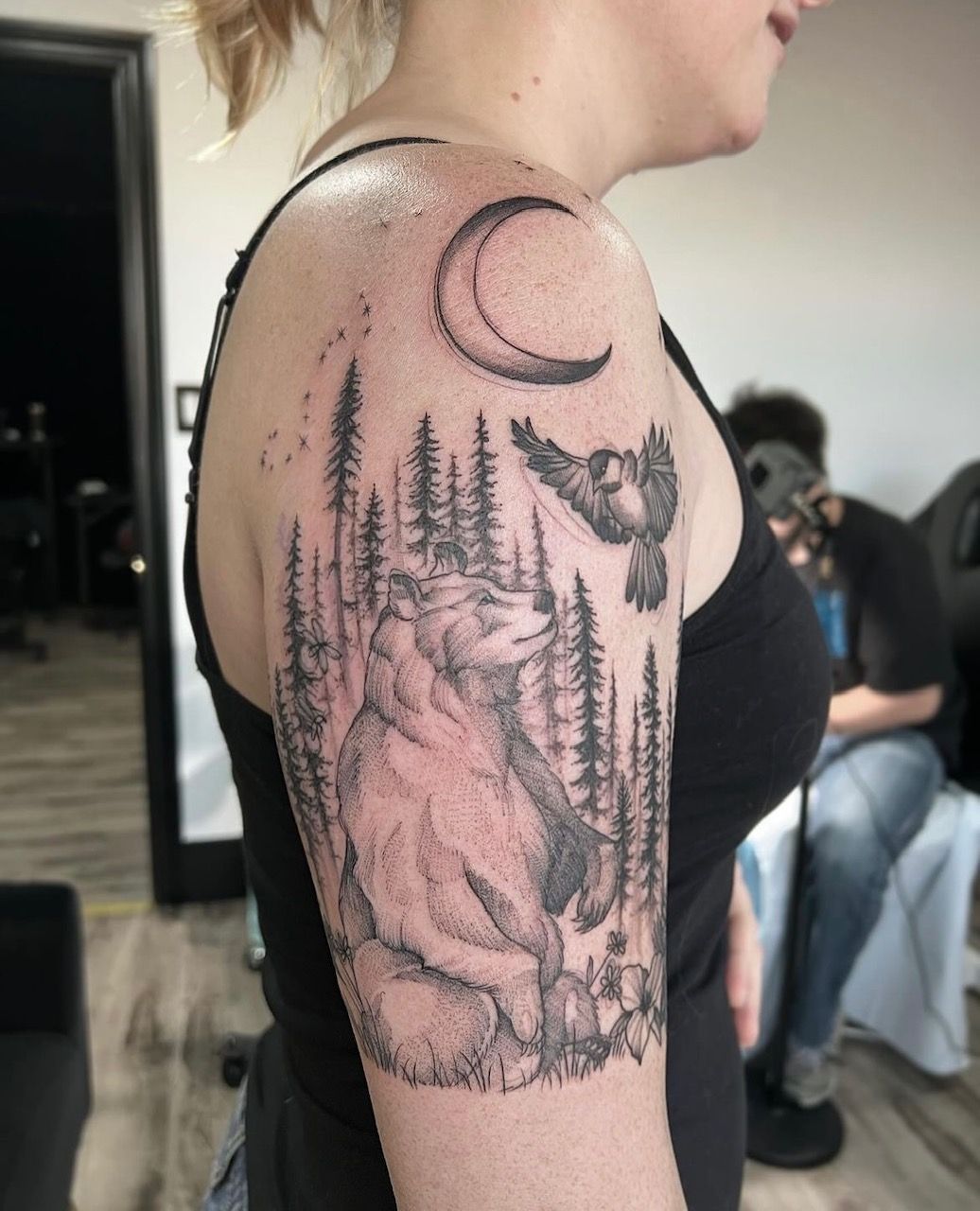 Bear and Chickadee Tattoo by Adrienne Alexander at Silver Ghost Tattoo in Edmonton Alberta Canada