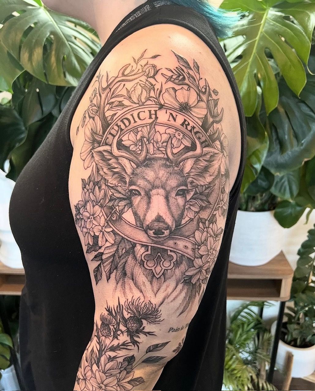 Modern Family Crest Tattoo by Adrienne Alexander at Silver Ghost Tattoo in Edmonton Alberta Canada