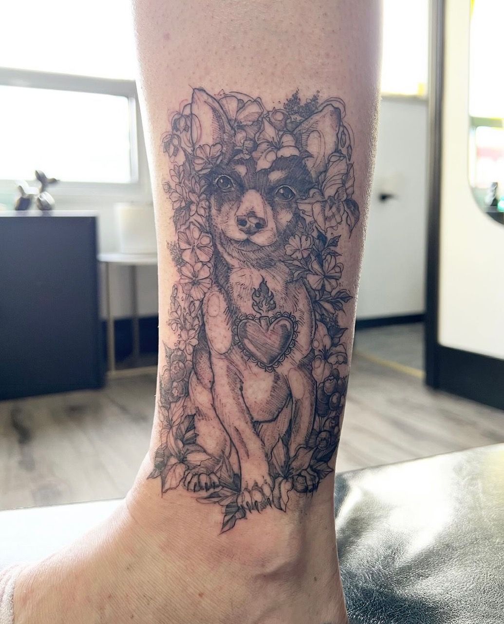 Dog and Floral Tattoo by Adrienne Alexander at Silver Ghost Tattoo in Edmonton Alberta Canada