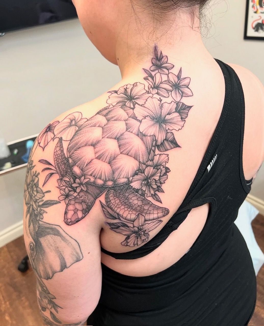Sea Turtle and Floral Tattoo by Adrienne Alexander at Silver Ghost Tattoo in Edmonton Alberta Canada