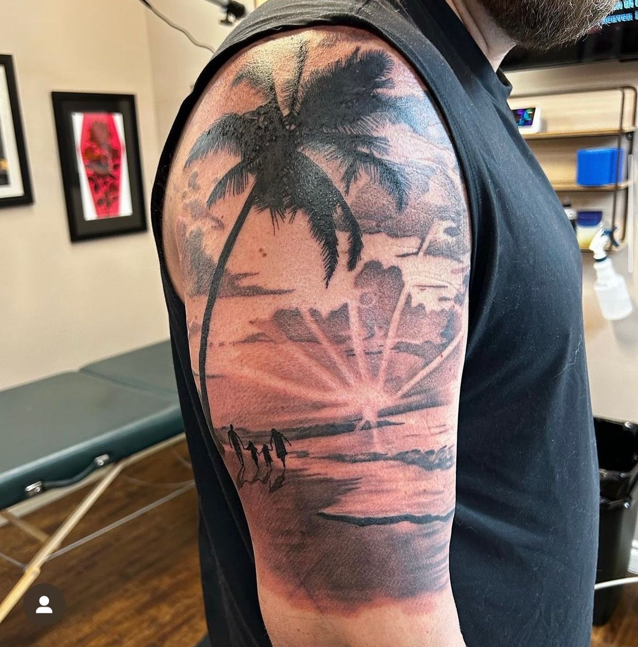 Family Beach Scene Tattoo by Alan Coates at Silver Ghost Tattoo in Edmonton Alberta Canada