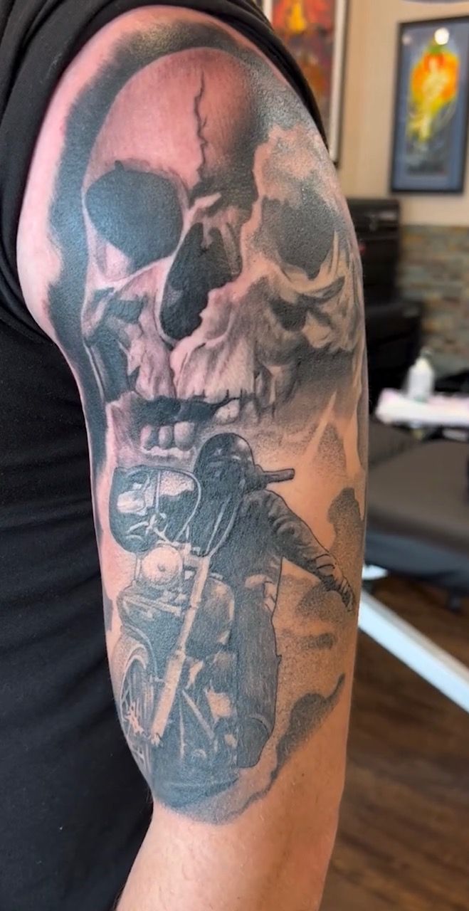 Biker and Skull Tattoo by Alan Coates at Silver Ghost Tattoo in Edmonton Alberta Canada