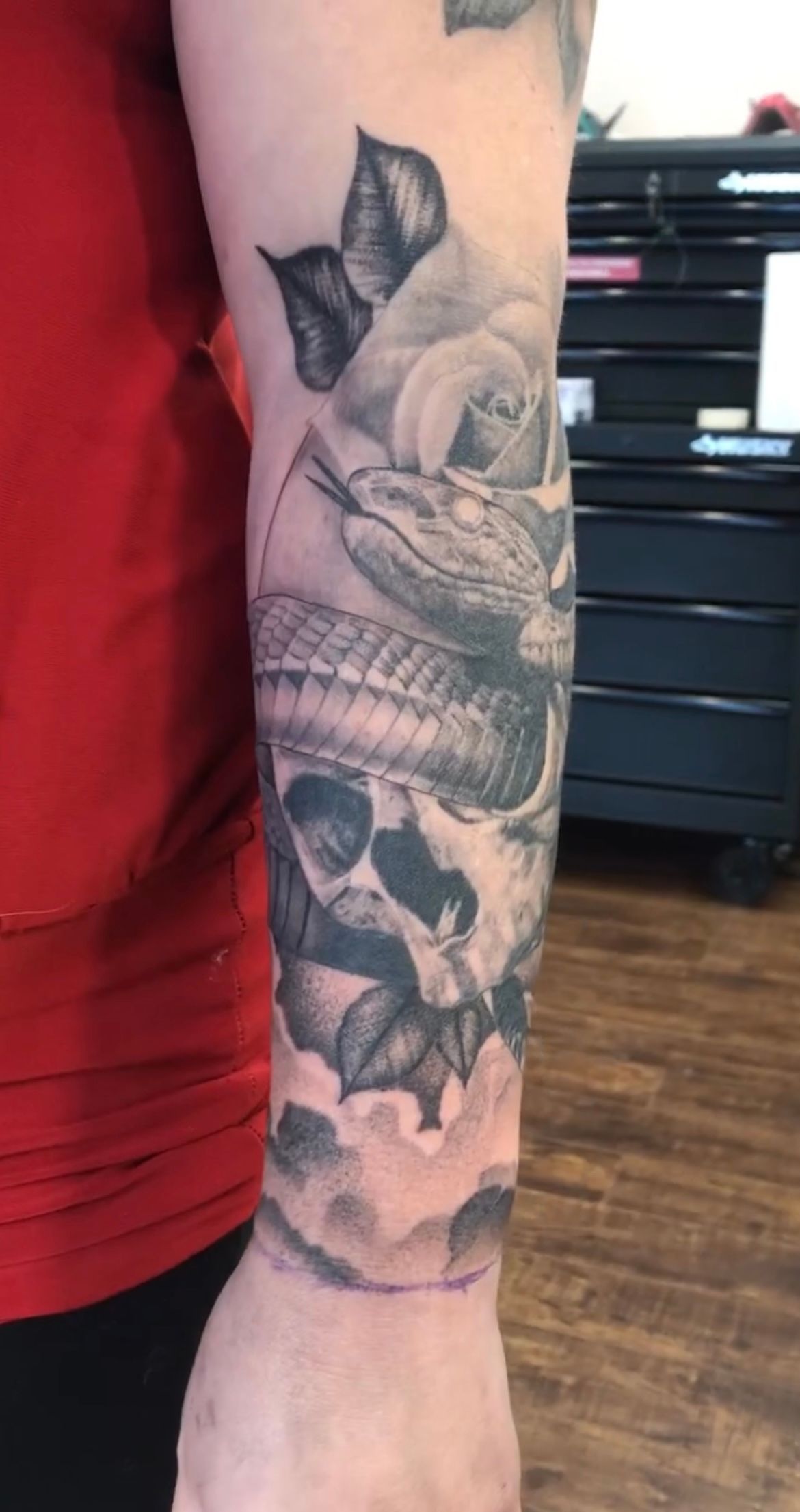 Skull, Snake and Rose Tattoo by Alan Coates at Silver Ghost Tattoo in Edmonton Alberta Canada