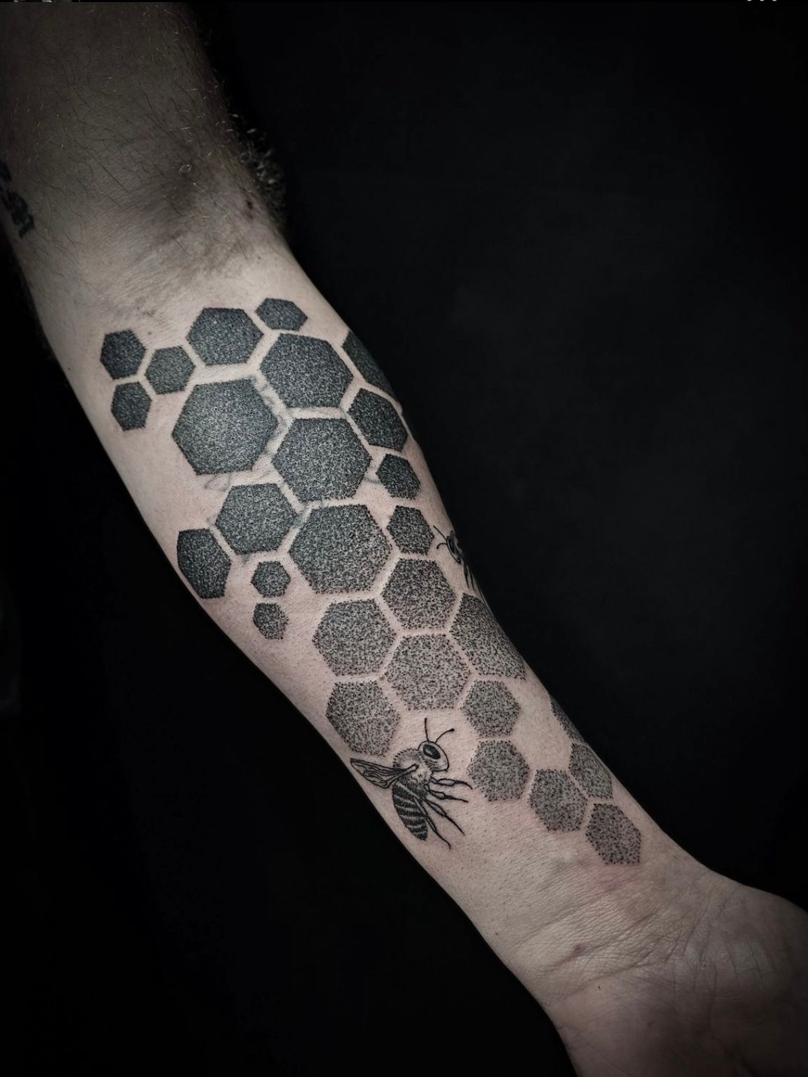 Dotwork Honeycombs with Bees Tattoo by Alex Arnautov at Black Gold Tattoo Co in Edmonton Alberta Canada