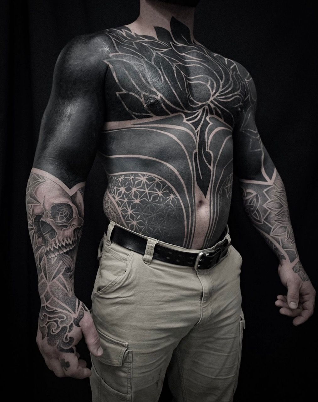 Blackwork Coverup Torso and Sleeves by Alex Arnautov at Black Gold Tattoo Co in Edmonton Alberta Canada