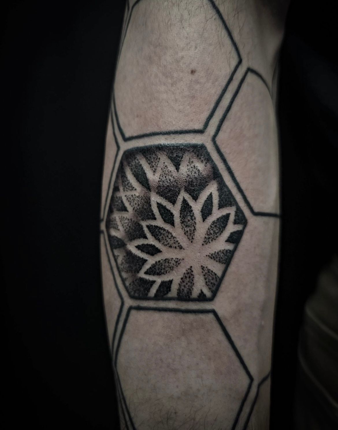 Mandala Inside Honeycomb Tattoo by Alex Arnautov at Black Gold Tattoo Co in Edmonton Alberta Canada