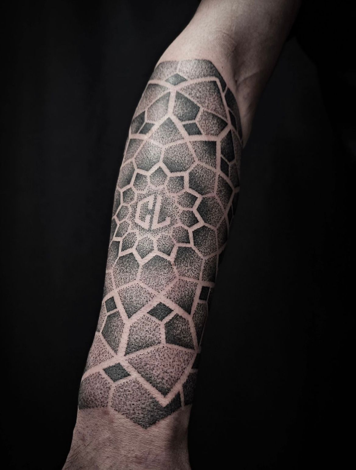 Geometric Dotwork with Initials Tattoo by Alex Arnautov at Black Gold Tattoo Co in Edmonton Alberta Canada