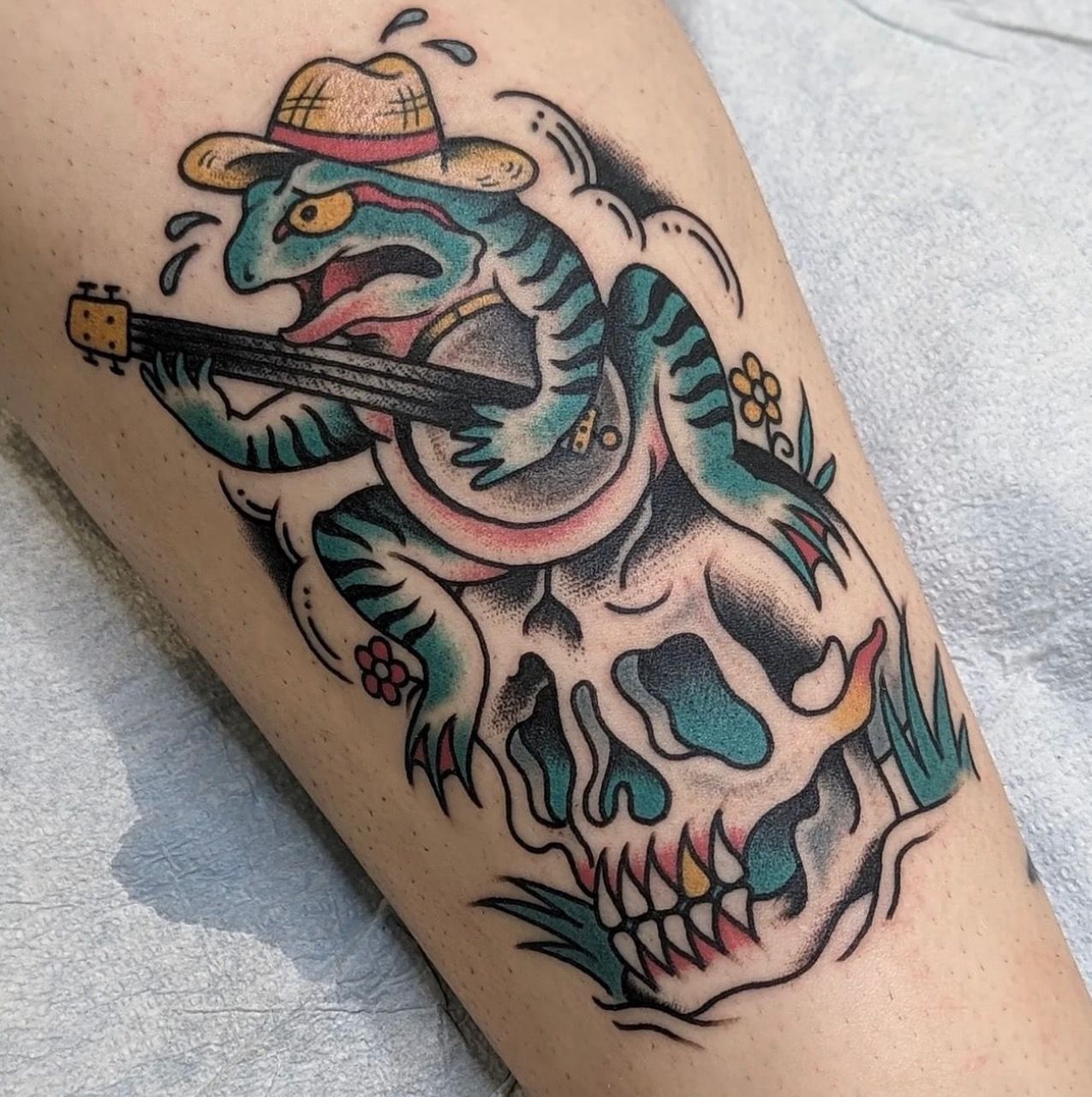 Banjo Frog on Skull Tattoo by Chris Benson at Silver Ghost Tattoo in Edmonton Alberta Canada