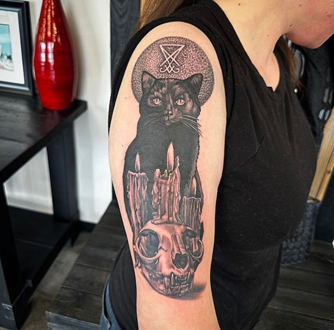 Black Cat Tattoo by Dale Moostoos at Crimson Empire Tattoo in Edmonton Alberta Canada