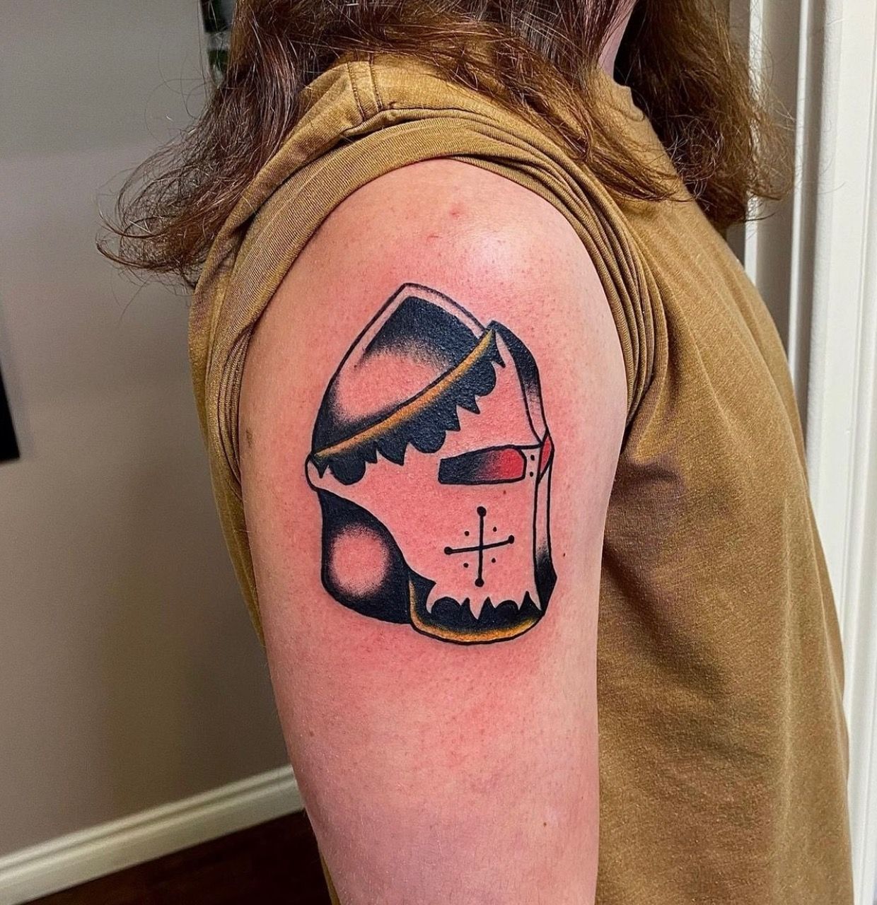Templar Knight Helmet Tattoo by JD Pezderic at Silver Ghost Tattoo in Edmonton Alberta Canada