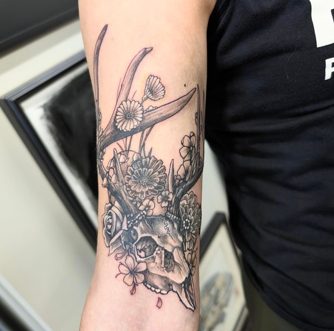 Deer Skull and Floral Coverup Tattoo by Kevin Sherritt at Black Gold Tattoo Co in Edmonton Alberta Canada