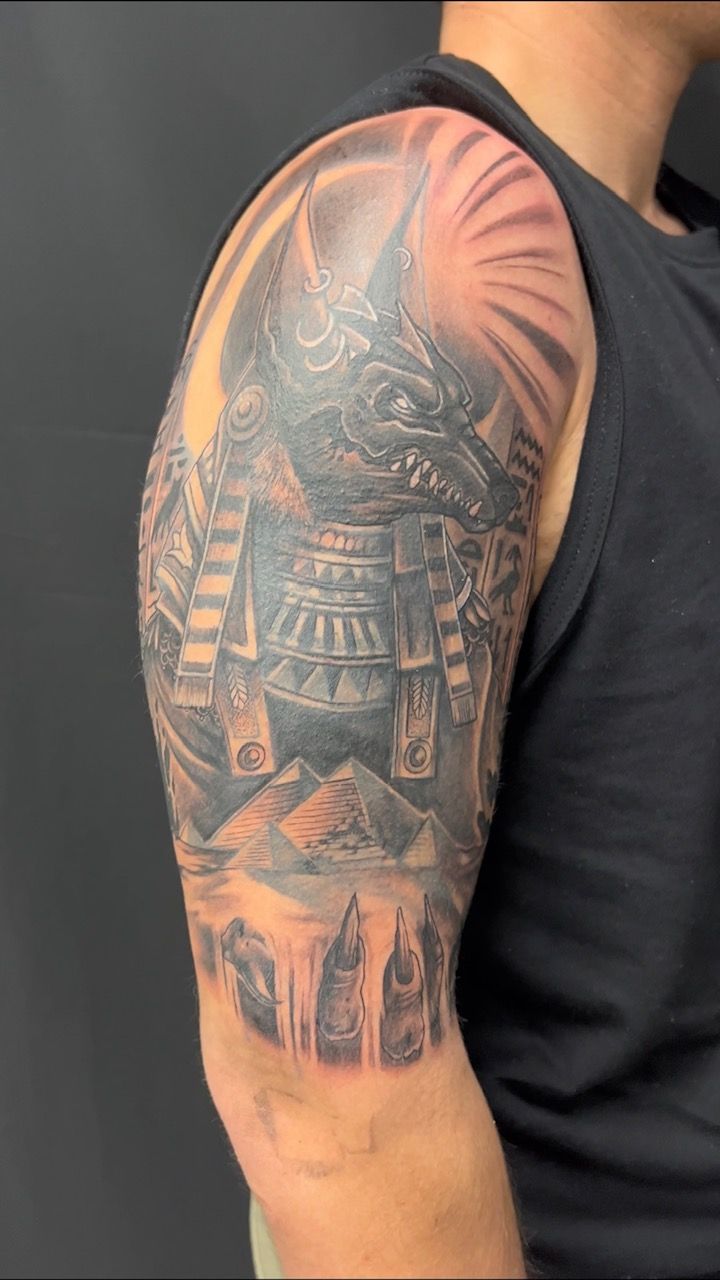 Anubis Tattoo by Kevin Sherritt at Black Gold Tattoo Co in Edmonton Alberta Canada